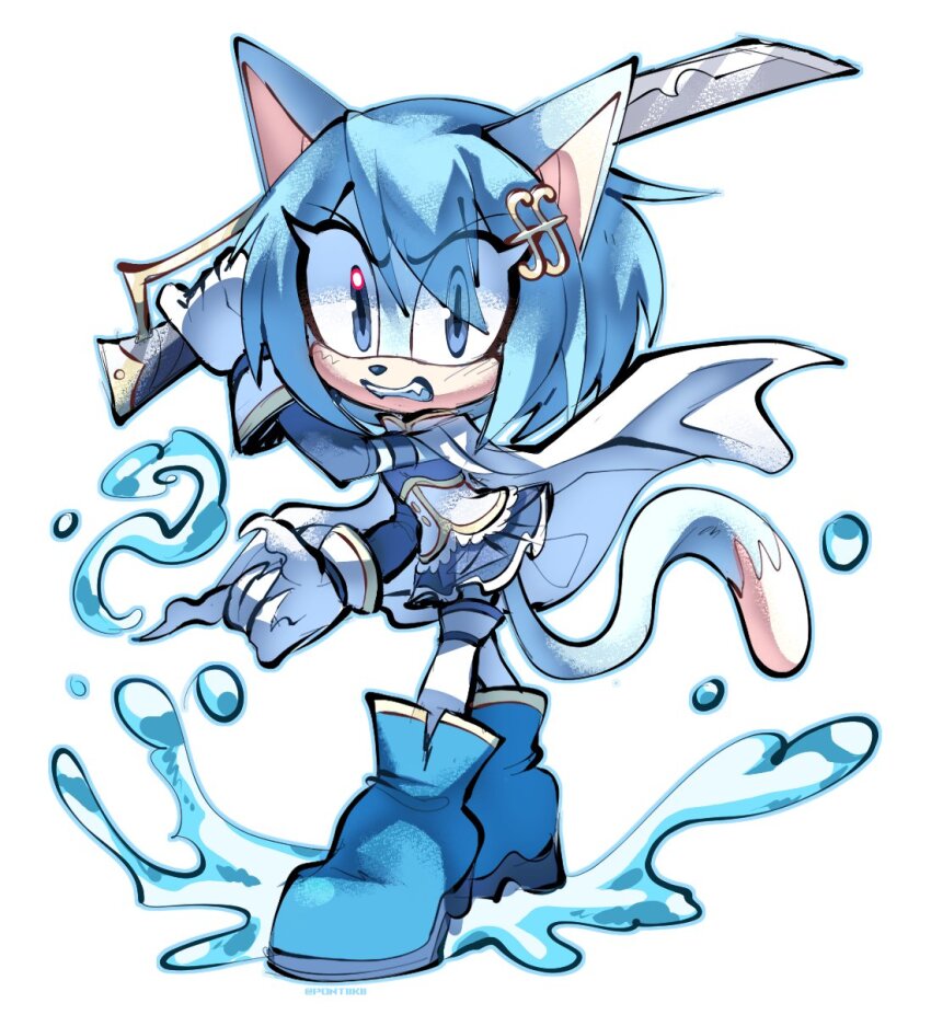 1girl angry animal_ears blue_eyes blue_footwear blue_fur blue_hair blue_theme boots cape cat_ears cat_girl cat_tail commentary full_body furrification furry furry_female highres holding holding_sword holding_weapon looking_at_viewer mahou_shoujo_madoka_magica mahou_shoujo_madoka_magica_(anime) mahou_shoujo_madoka_magica_movie_1_&amp;_2 miki_sayaka miki_sayaka_(magical_girl) parody pontiikii short_hair simple_background solo sonic_(series) standing style_parody sword tachi-e tail water weapon white_background white_cape