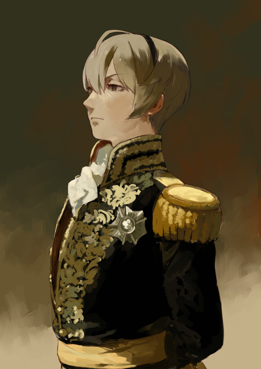 1boy absurdres ahoge ai-wa arms_behind_back blonde_hair brown_eyes epaulettes fire_emblem fire_emblem_fates from_side highres leo_(fire_emblem) medal military military_uniform nintendo portrait simple_background solo upper_body