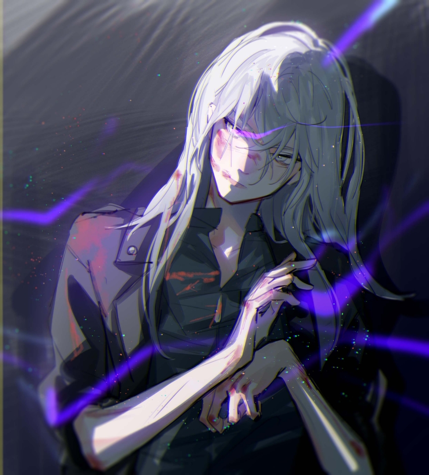 &gt;:( 1boy azha8 black_jacket black_shirt blood blood_in_hair blood_on_face blood_on_hands closed_mouth eye_trail facing_viewer grey_background grey_eyes grey_hair hair_between_eyes head_tilt highres jacket li_bai_(wangzhe_rongyao) light_particles light_trail lips long_hair male_focus open_collar shadow shirt sideways_glance sleeves_rolled_up solo upper_body v-shaped_eyebrows wangzhe_rongyao white_hair