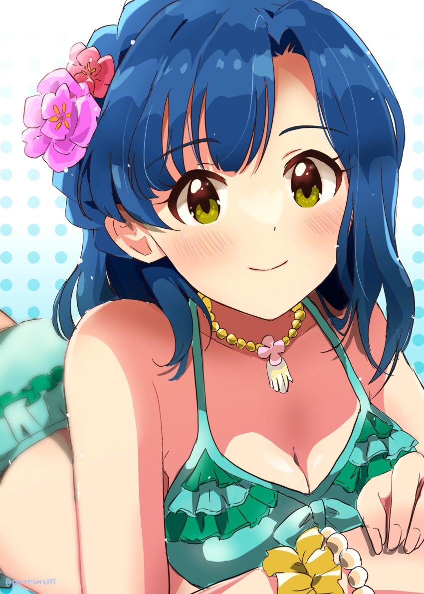 1girl bare_shoulders bead_necklace beads bikini blue_background blue_hair blurry blush bracelet braid breasts cleavage closed_mouth collarbone depth_of_field dot_nose flower frilled_bikini frills front-tie_bikini_top front-tie_top gradient_background green_bikini hair_flower hair_ornament highres idolmaster idolmaster_million_live! idolmaster_million_live!_theater_days jewelry looking_at_viewer lying medium_breasts nanao_yuriko necklace on_stomach pearl_bracelet polka_dot polka_dot_background potesara888 purple_flower red_flower scrunchie short_hair smile solo swimsuit twitter_username wrist_scrunchie yellow_eyes yellow_scrunchie