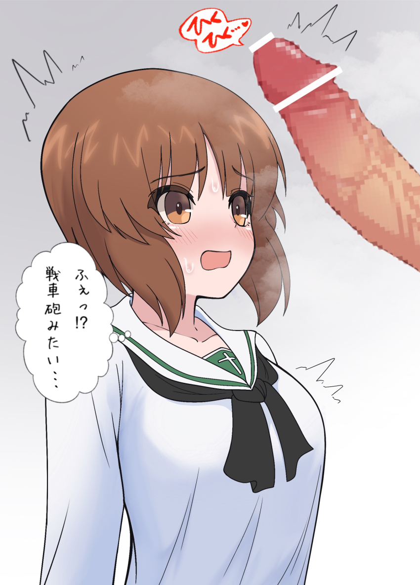 1boy 1girl absurdres arararajru36 blush breasts brown_eyes brown_hair censored erection girls_und_panzer highres large_breasts looking_at_penis mosaic_censoring nishizumi_miho ooarai_school_uniform open_mouth penis penis_awe sweat translated