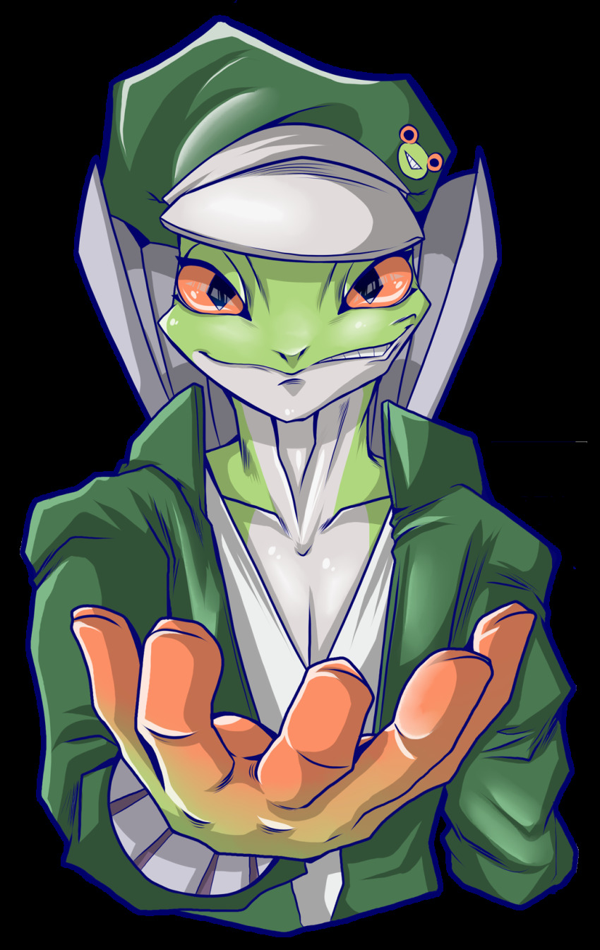 1boy allocen colored_skin creature frog green_jacket green_skin hand_up hat highres jacket kae_ramires male_focus multicolored_skin no_humans orange_eyes orange_fingers orange_skin original shirt smile solo transparent_background white_skin