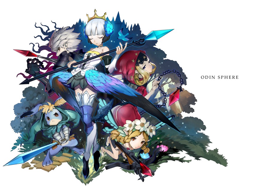 1boy 3girls bad_id bad_twitter_id blonde_hair rabbit cornelius_(odin_sphere) crystal gwendolyn_(odin_sphere) highres knife mercedes_(odin_sphere) mikurou_(nayuta) multiple_girls odin_sphere oswald polearm pooka_(odin_sphere) pteruges puff_and_slash_sleeves puffy_sleeves silver_hair spear sword velvet_(odin_sphere) weapon