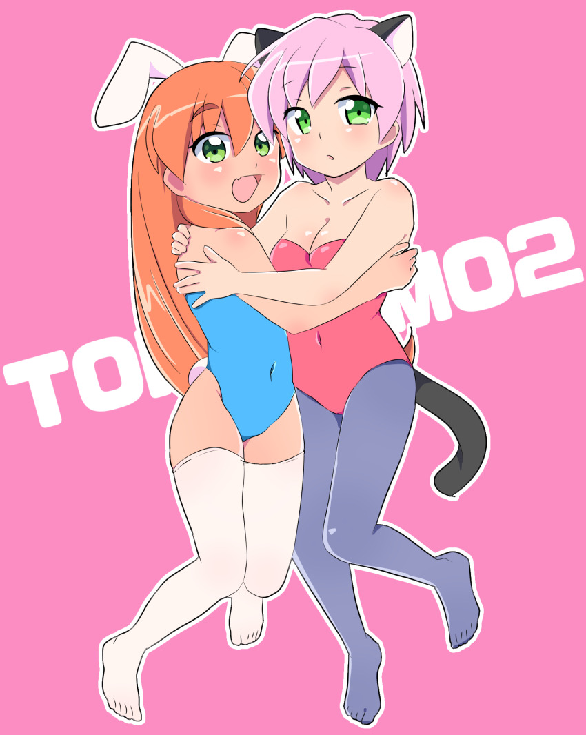 2girls akai_homura animal_ears blue_leotard breasts cat_ears cat_tail cleavage collarbone covered_navel fake_animal_ears green_eyes highres hug leotard long_hair looking_at_viewer multiple_girls new_yorker_(togawa_hamasaki) open_mouth orange_hair pantyhose pink_background pink_hair playboy_bunny rabbit_ears rabbit_tail red_leotard short_hair tail thighhighs tokimeki_memorial tokimeki_memorial_2 yae_kaori