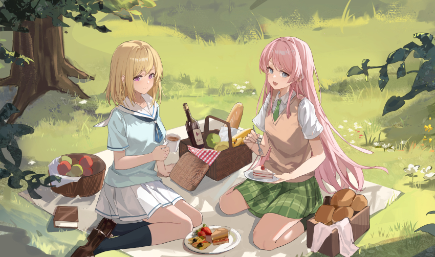 2girls absurdres artist_request baguette bang_dream! bang_dream!_it&#039;s_mygo!!!!! black_socks blonde_hair blue_neckerchief blue_shirt bread brown_footwear brown_sweater_vest cake chihaya_anon chinese_commentary closed_mouth collared_shirt commentary_request commission cup day fang food grass green_necktie green_skirt grey_eyes hanasakigawa_school_uniform haneoka_school_uniform highres holding holding_cup holding_spoon kneehighs loafers long_hair medium_hair misumi_uika multiple_girls neckerchief necktie open_mouth outdoors picnic picnic_basket pink_hair plaid_clothes plaid_skirt pleated_skirt purple_eyes sailor_collar school_uniform second-party_source serafuku shirt shoes short_sleeves sidelocks sitting skirt socks spoon sweater_vest tree white_sailor_collar white_shirt white_skirt