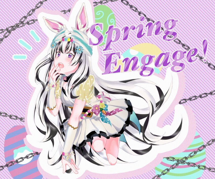 1girl :o animal_ears black_hair breasts chain dress easter_egg egg english_text fake_animal_ears fire_emblem fire_emblem_engage fire_emblem_heroes flower grey_hair hair_flower hair_ornament highres long_hair looking_at_viewer multicolored_hair nintendo official_alternate_costume open_mouth puffy_short_sleeves puffy_sleeves rabbit_ears schwarzlover short_sleeves small_breasts solo teeth two-tone_hair upper_teeth_only very_long_hair veyle_(fire_emblem) veyle_(spring)_(fire_emblem) white_dress wing_hair_ornament