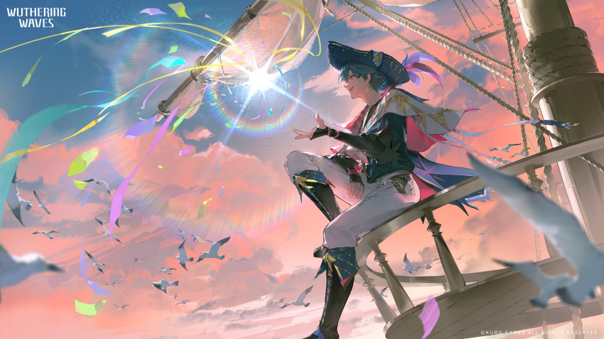 1boy absurdres blue_hair blue_shirt brant_(wuthering_waves) commentary english_commentary from_side hand_up hat highres looking_ahead male_focus official_art pants purple_eyes shirt short_hair sitting smile solo tricorne white_pants wuthering_waves