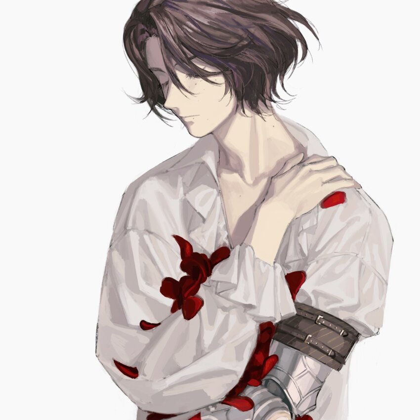 1boy bishounen brown_hair closed_eyes highres lies_of_p male_focus mik_blamike petals pinocchio_(lies_of_p) rose_petals shirt simple_background solo upper_body white_background white_shirt