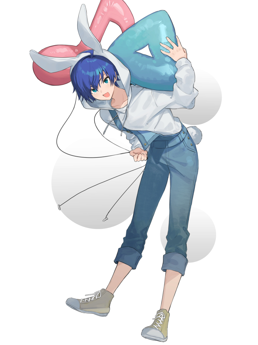 1boy :d absurdres ahoge amamine_shu animal_hood aqua_eyes balloon blue_hair full_body hayama_eishi highres holding holding_balloon hood hoodie idolmaster idolmaster_side-m idolmaster_side-m_growing_stars male_focus open_mouth overalls rabbit_hood rabbit_tail shoes simple_background smile sneakers solo tail white_hoodie