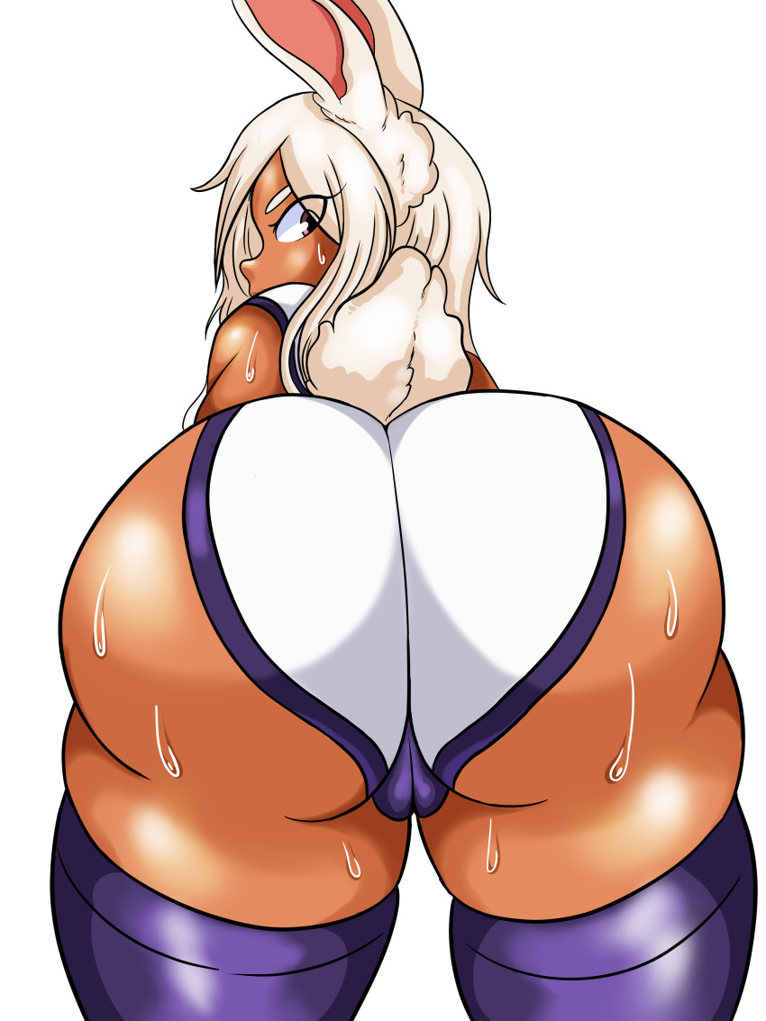 absurdres all_fours animal_ears ass ass_focus boku_no_hero_academia brown_eyes clothes doeswhatever female_focus gyaru highres huge_ass looking_back mirko pointy_ears rabbit_ears simple_background solo sweat mirko white_background white_hair