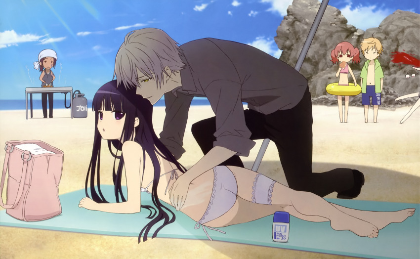 3boys 3girls :o absurdres ahoge applying_sunscreen apron ass back bag bandana beach bikini black_hair black_pants blonde_hair blood blue_sky blue_swim_trunks blunt_bangs breasts bridal_garter cloud cooking eating feet full_body glasses grey_shirt grill hand_on_another&#039;s_back highres innertube inu_x_boku_ss lace lace-trimmed_bikini lace-trimmed_legwear lace_bikini lace_trim long_hair looking_at_another looking_back lotion lying male_swimwear medium_hair miketsukami_soushi motion_lines multiple_boys multiple_girls navel nosebleed on_side on_stomach open_mouth outdoors pants pink_bikini propane_tank purple_hair red_hair roromiya_karuta sand shade shirakiin_ririchiyo shirt short_hair shorts side-tie_bikini_bottom side-tie_peek sidelocks sky small_breasts soles sorinozuka_renshou sunlight sunscreen swim_ring swim_trunks swimsuit tapestry toes towel twintails umbrella very_long_hair wall_scroll watanuki_banri white_hair yellow_eyes yellow_innertube yoshida_takahiko yukinokouji_nobara