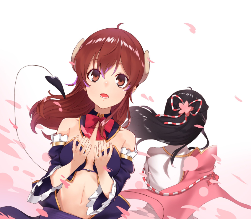 2girls ahoge black_hair bow bowtie brown_eyes brown_hair cape cherry_blossoms cherry_hair_ornament chiyoda_sakura commentary cupping_hands daifuku_(tkja3555) demon_girl demon_horns demon_tail detached_sleeves food-themed_hair_ornament from_behind hair_ornament highres horns long_hair machikado_mazoku multiple_girls navel open_clothes own_hands_together revealing_clothes simple_background solo_focus tail white_background wind yoshida_yuuko_(machikado_mazoku)