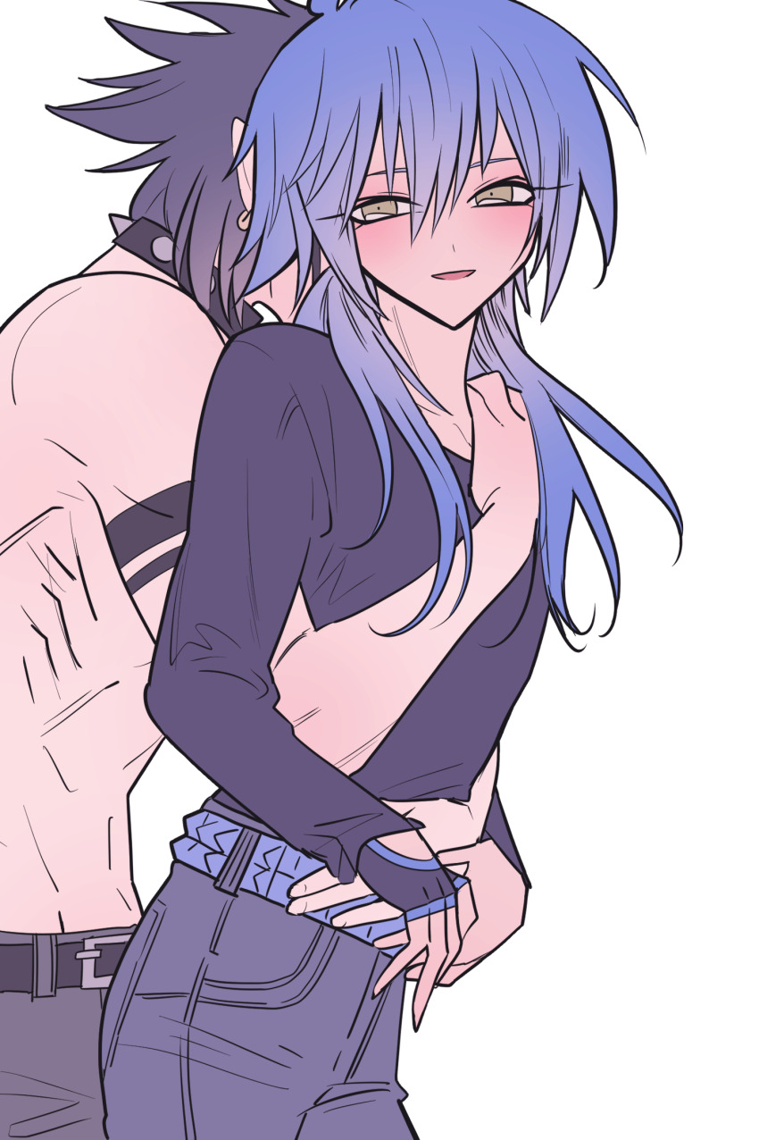 2boys arm_tattoo black_collar black_hair black_sweater blue_hair blush collar cowboy_shot dramatical_murder grey_pants hair_between_eyes highres hug hug_from_behind long_hair long_sleeves looking_at_viewer male_focus meremero multiple_boys open_mouth pants ren_(dramatical_murder) seragaki_aoba short_hair simple_background smile standing sweater tattoo topless_male white_background yaoi yellow_eyes