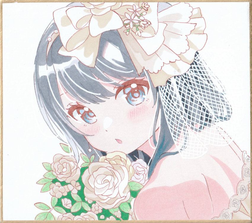 1girl :o bare_shoulders black_hair blue_eyes blush bouquet bow bridal_veil close-up dot_nose dress dutch_angle eyebrows_hidden_by_hair flower hair_between_eyes hair_bow highres holding holding_bouquet idoly_pride long_bangs long_hair median_furrow nagase_kotono open_mouth portrait rose sakuranoron shikishi sidelocks solo straight_hair strapless strapless_dress veil wedding_dress white_bow white_dress white_flower white_rose white_veil