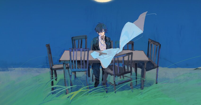 1boy achai_dong black_jacket blazer blue_eyes blue_hair chair collared_shirt evoker expressionless gekkoukan_high_school_uniform grass hair_over_one_eye headphones highres jacket long_sleeves male_focus neck_ribbon night on_chair outdoors persona persona_3 ribbon school_uniform shirt short_hair solo table tablecloth white_shirt yuuki_makoto_(persona_3)