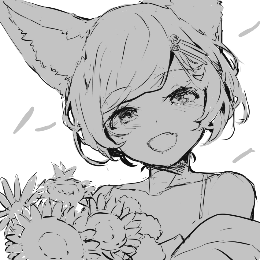 1girl :d animal_ear_fluff animal_ears bare_shoulders blush bouquet collarbone fang flower fox_ears greyscale hair_flower hair_ornament hairclip head_tilt highres looking_at_viewer monochrome open_mouth original short_hair simple_background sketch smile solo upper_body white_background yuuji_(yukimimi)