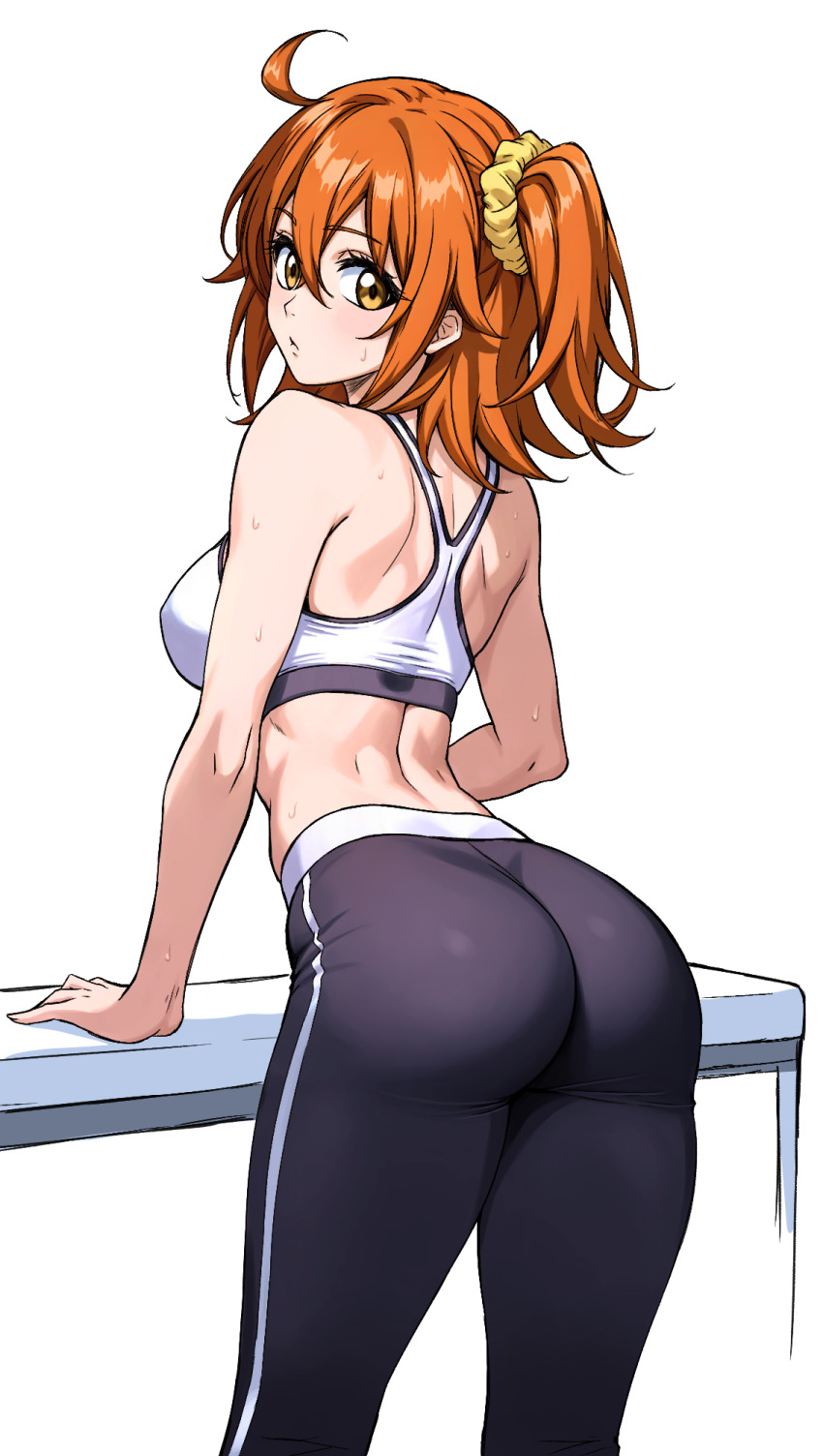 1girl ahoge ass black_pants breasts fate/grand_order fate_(series) fujimaru_ritsuka_(female) hair_ornament hair_scrunchie highres medium_breasts medium_hair midriff one_side_up orange_eyes orange_hair pants scrunchie simple_background solo sports_bra sportswear white_background white_sports_bra yoga_pants zantyarz