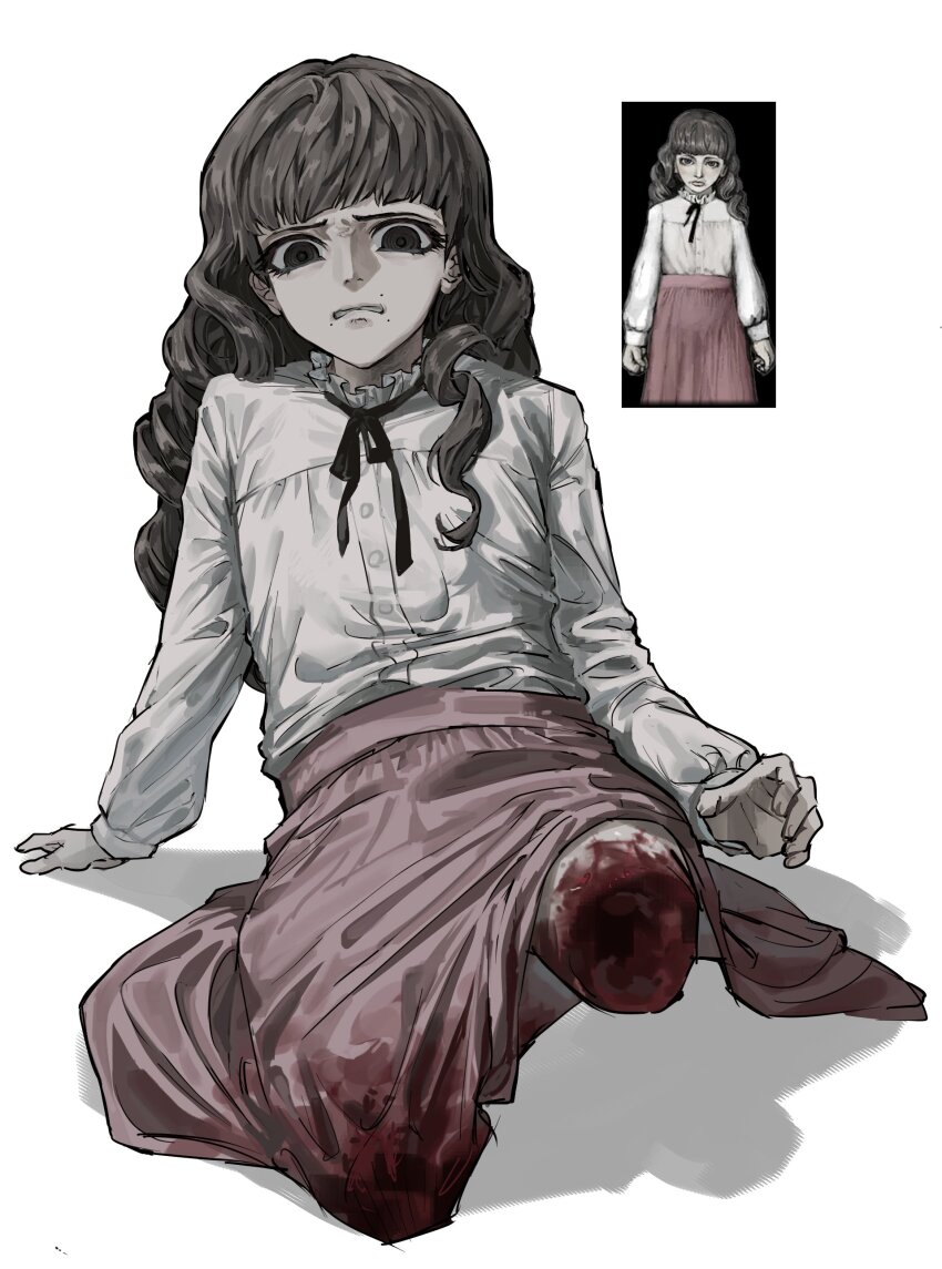 1girl absurdres arm_support black_ribbon blood blood_on_leg brown_eyes brown_hair clenched_teeth fear_&amp;_hunger_(series) fear_&amp;_hunger_2:_termina frilled_shirt_collar frills full_body guro hashtag-only_commentary highres legless_amputee long_hair long_sleeves marina_(fear_&amp;_hunger) mouth_piercing neck_ribbon official_art_inset pink_skirt ribbon ringed_eyes shadow shirt shirt_tucked_in simple_background sitting skirt solo stomachessepro teeth white_background white_shirt