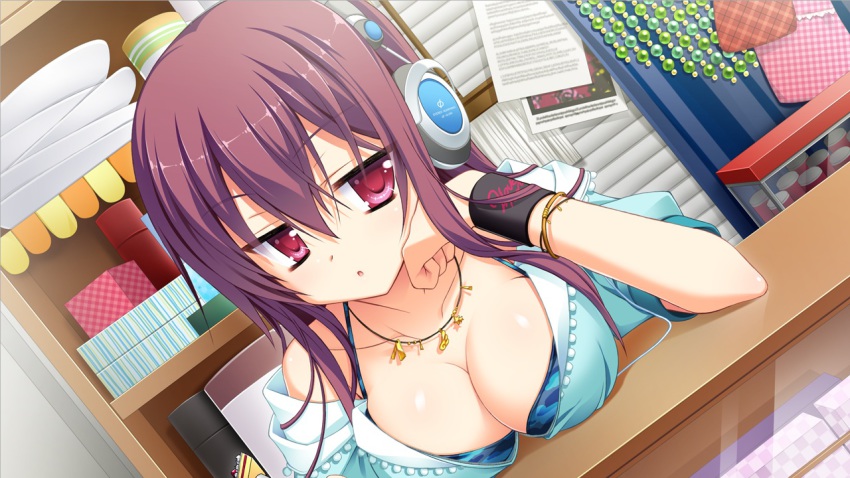 1girl amagase_natsuki bare_shoulders bracelet breast_rest breasts head_rest cleavage collarbone female_focus game_cg headphones jewelry karumaruka_circle long_hair moribe_(rabumanyo) necklace purple_hair red_eyes saga_planets sitting solo