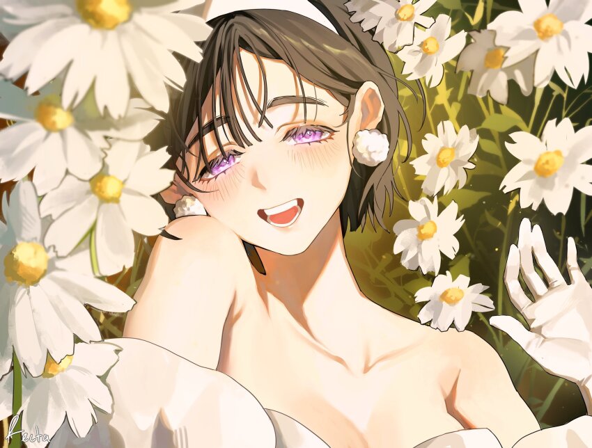 1girl alien_stage bare_shoulders black_hair blush collarbone commentary daisy earrings english_commentary field flower flower_field gloves hairband highres jewelry lying off_shoulder open_mouth portrait purple_eyes recta02 short_hair smile solo sua_(alien_stage) white_flower white_gloves white_hairband