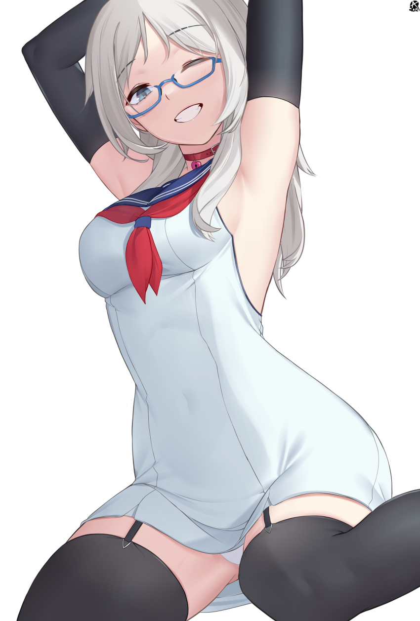 1girl absurdres armpits arms_up black_gloves black_thighhighs blue_eyes blue_sailor_collar blush breasts collar commentary dress elbow_gloves english_commentary garter_straps glasses gloves grey_hair grin highres looking_at_viewer medium_breasts medium_hair neckerchief no_bra one_eye_closed original panties red_collar red_neckerchief sailor_collar sailor_dress simple_background sitting smile solo teeth thighhighs underwear w4pz wariza white_background white_dress white_panties