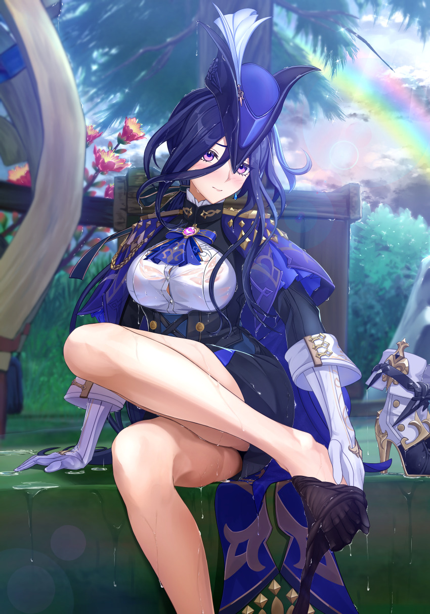 1girl absurdres ascot black_pantyhose blue_capelet blue_dress blue_hat blush breasts capelet clorinde_(genshin_impact) corset dress elbow_gloves epaulettes feet genshin_impact gloves hair_ribbon harukey hat highres large_breasts long_hair long_sleeves low_ponytail pantyhose parted_bangs purple_eyes purple_hair ribbon solo toes tricorne vision_(genshin_impact) wet white_gloves