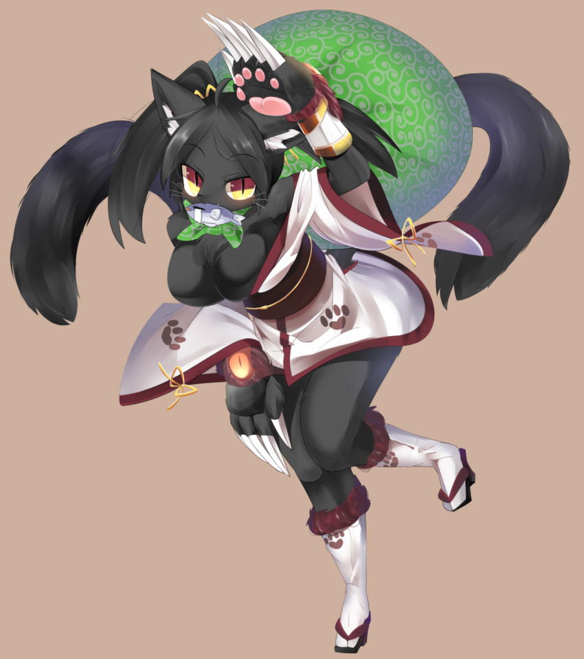 1girl animal_ears black_footwear black_hair black_skin breasts brown_background cat_ears cat_girl cat_tail claws cleavage colored_skin commentary_request fish fish_in_mouth full_body furry furry_female geta highres japanese_clothes kimono kyuumei_neko_(onmyoji) large_breasts lets0020 long_hair looking_at_viewer multiple_tails obi onmyoji sash simple_background slit_pupils socks solo tabi tail tengu-geta twintails two_tails whiskers white_kimono white_socks yellow_eyes