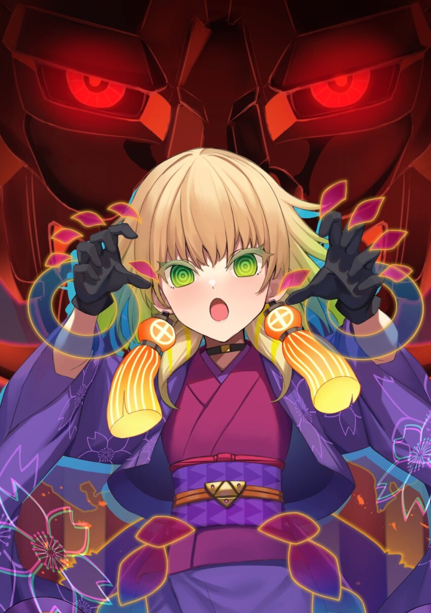 1girl @_@ agibe blonde_hair blue_hair choker claw_pose duel_monster flower gradient_hair green_eyes hands_up highres jacket japanese_clothes kimono long_sleeves medium_hair multicolored_hair noh-p.u.n.k._ogre_dance obi open_clothes open_jacket open_mouth sash solo wide_sleeves yu-gi-oh!