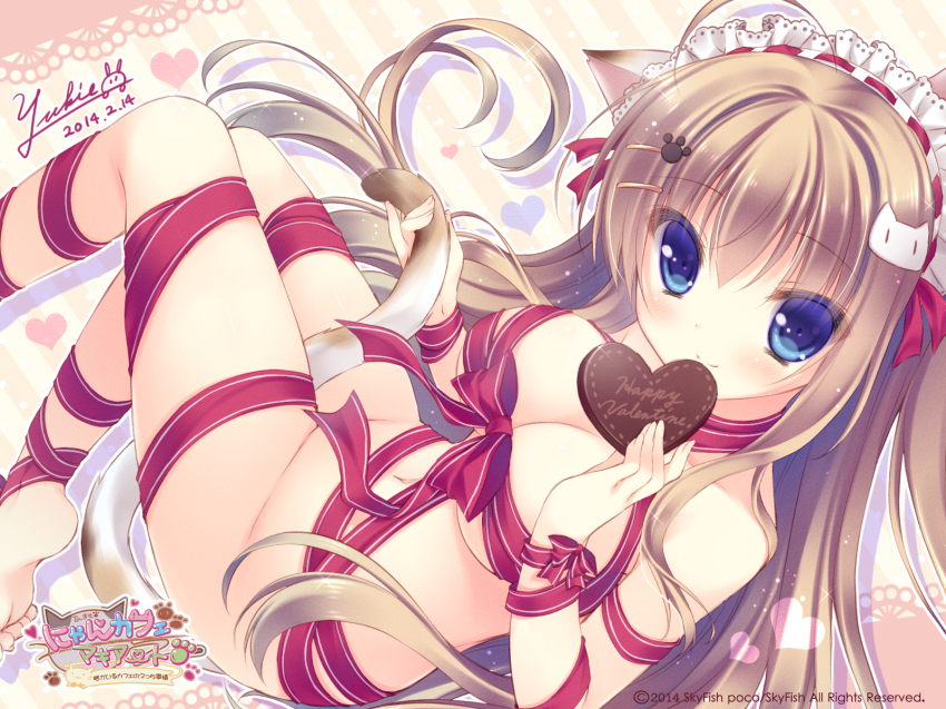 1girl animal_ears artist_name blue_eyes breasts brown_hair candy cat_ears cat_tail chocolate chocolate_heart dated female_focus food hair_ornament hairclip happy_valentine heart highres holding_own_tail long_hair maid_headdress naked_ribbon navel nekomori_mike nyan_cafe_macchiato ribbon signature smile solo tail valentine yukie_(peach_candy)