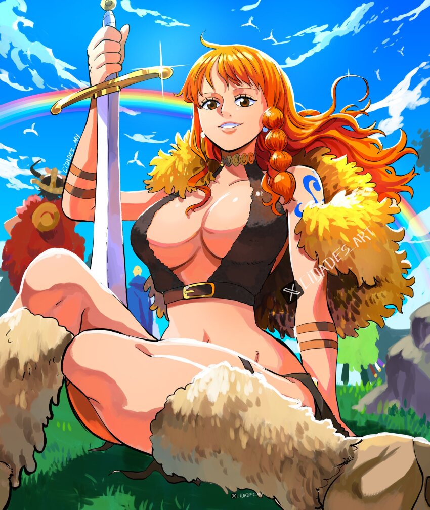 alternate_costume alternate_hairstyle armlet artist_name braid breasts brown_eyes cape capelet cidades cleavage cloud cloudy_sky crop_top day fake_horns fur_cape fur_capelet fur_leg_warmers grass hat helmet holding holding_sword holding_weapon horned_helmet jewelry large_breasts leg_warmers long_hair midriff monkey_d._luffy nami_(one_piece) nami_(one_piece)_(elbaf) navel necklace official_alternate_costume official_alternate_hairstyle on_ground one_piece orange_hair rainbow roronoa_zoro sanji_(one_piece) shiny_skin shoulder_tattoo sitting skirt sky smile straw_hat sword tattoo twitter_username viking viking_helmet weapon