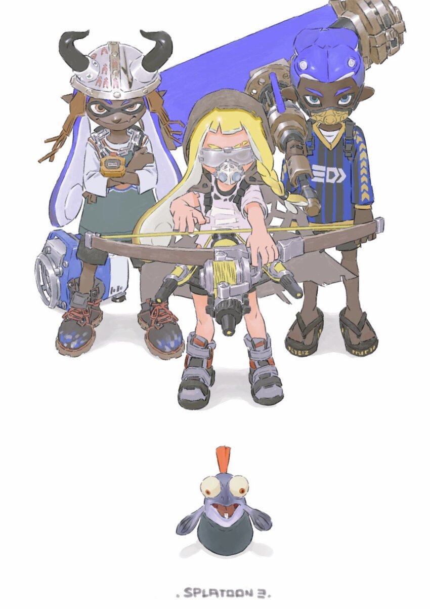 1boy 2girls black_footwear black_shorts blonde_hair blue_hair chenrong96 closed_mouth copyright_name crossed_arms dark-skinned_male dark_skin dynamo_roller_(splatoon) highres holding holding_weapon inkling_girl inkling_player_character long_hair looking_at_viewer multiple_girls nintendo octoling_boy octoling_player_character sandals short_sleeves shorts sloshing_machine_(splatoon) smallfry_(splatoon) smile splatoon_(series) splatoon_3 tri-stringer_(splatoon) weapon