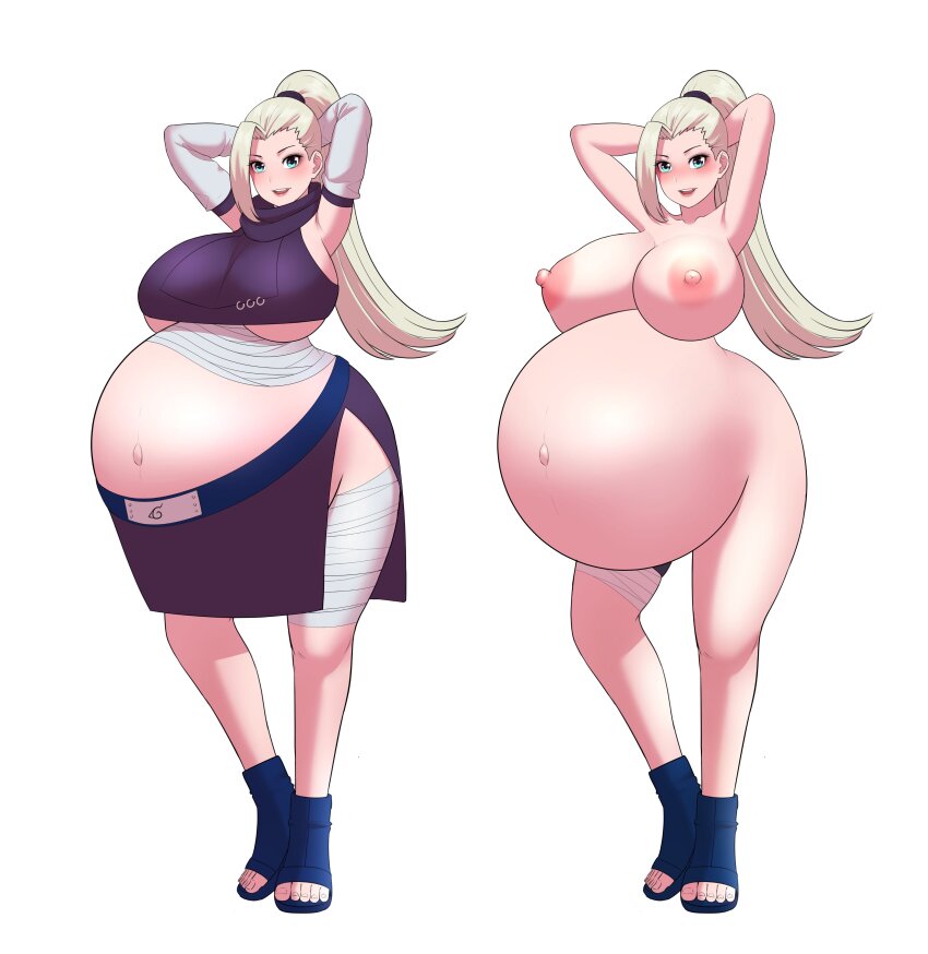 1girl absurdres arms_behind_head arms_up big_belly blonde_hair blue_eyes blush breasts el_vibritania female_focus full_body highres huge_breasts long_hair looking_at_viewer naruto_(series) open-toe_shoes ponytail pregnant solo toes underboob yamanaka_ino