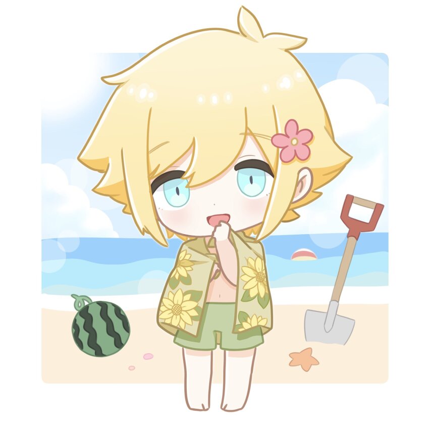 1boy antenna_hair ball barefoot basil_(faraway)_(omori) basil_(omori) beach beachball blonde_hair blue_eyes blush chibi chibi_only day flower food fruit full_body green_shorts green_swim_trunks hair_flower hair_ornament hatoba_(hatoba_yado) highres navel omori open_mouth outdoors shorts shovel smile solo starfish watermelon