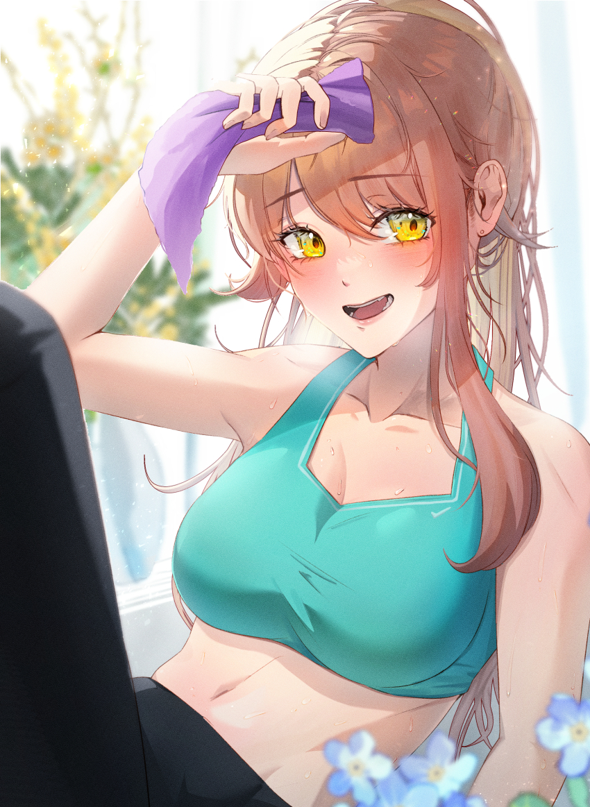 1girl absurdres arainekozz arm_up blush breasts breath check_commentary collarbone commentary commentary_request flower highres long_bangs long_hair looking_at_viewer lying medium_breasts midriff navel on_back open_mouth original pants plant ponytail sidelocks smile sports_bra sportswear sweat thighs towel virtual_youtuber workout_clothes yellow_eyes