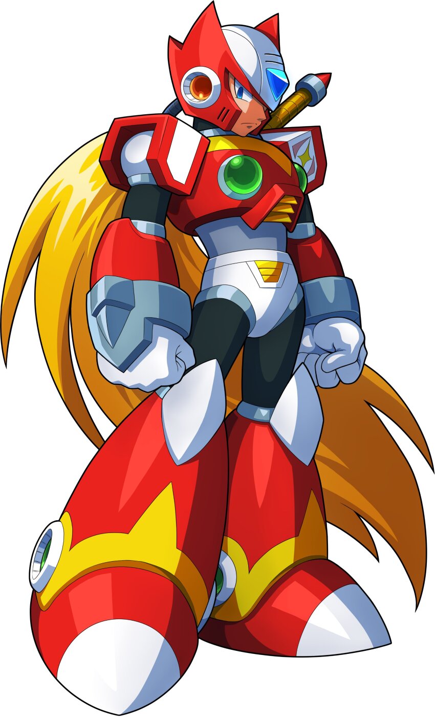 1boy absurdres armor blonde_hair blue_eyes chest_jewel clenched_hands forehead_jewel full_body helmet hi-go! highres long_hair looking_at_viewer male_focus mega_man_(series) mega_man_x_(series) ponytail red_armor red_footwear red_helmet serious shoulder_armor simple_background solo white_background z_saber zero_(mega_man)