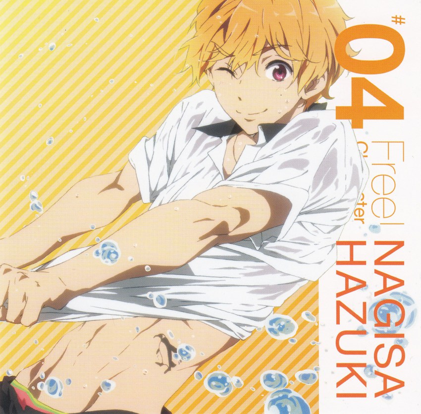 10s 1boy album_cover bird blonde_hair character_name character_single copyright_name cover free! hazuki_nagisa highres male_focus official_art penguin red_eyes solo tattoo wink