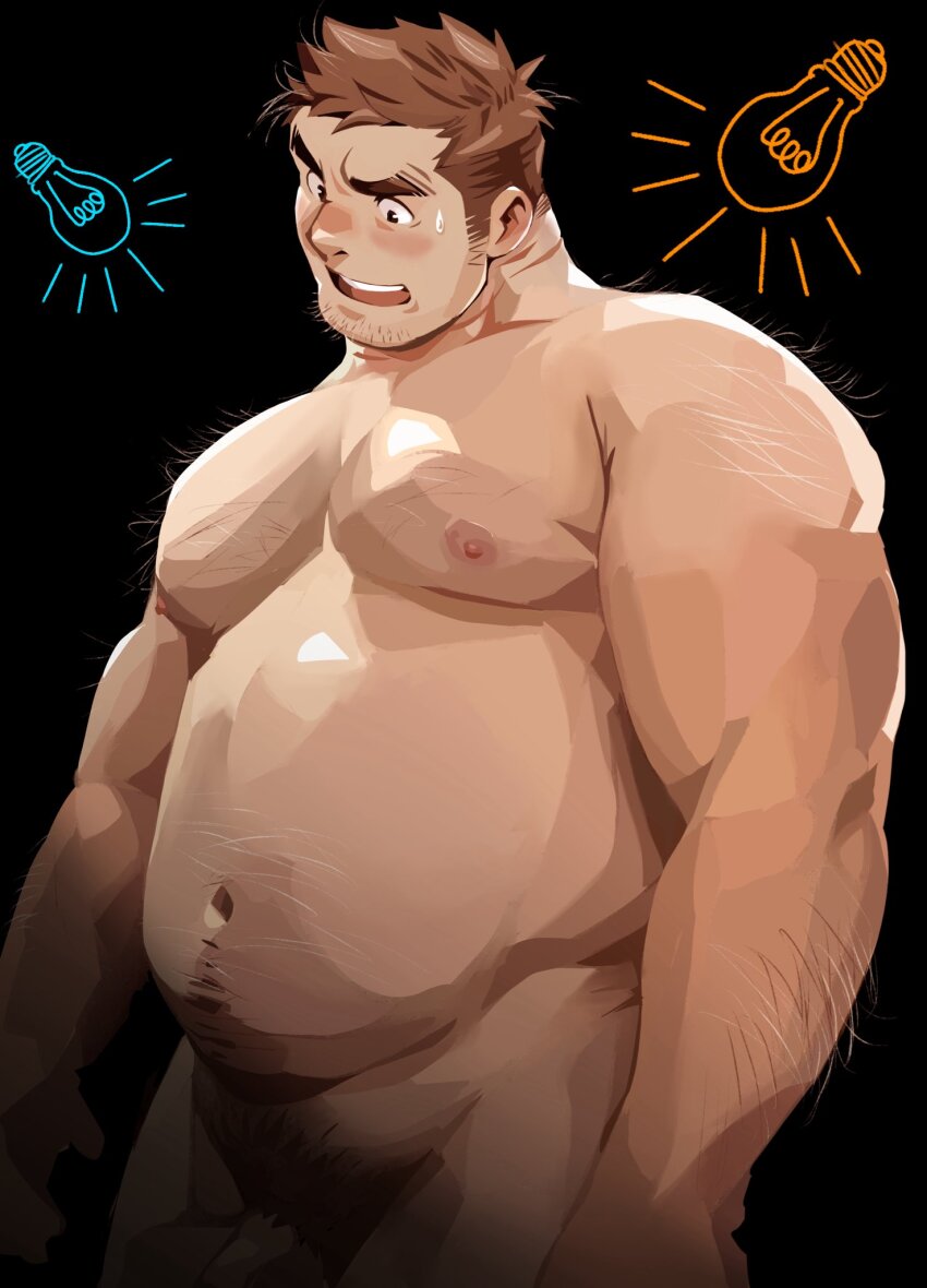 1boy bara big_belly black_background body_hair brown_eyes brown_hair completely_nude cowboy_shot facial_hair fat fat_man highres light_bulb male_focus nipples nude original penis penis_peek pubic_hair solo stubble suamaru sweatdrop thick_eyebrows