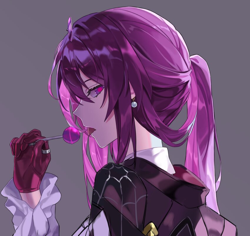 1girl black_background candy earrings food gloves hair_between_eyes highres honkai:_star_rail honkai_(series) jewelry kafka_(honkai:_star_rail) lollipop long_hair looking_at_viewer parted_lips ponytail purple_eyes purple_gloves purple_hair reki_(user_rcrd4534) single_earring solo upper_body