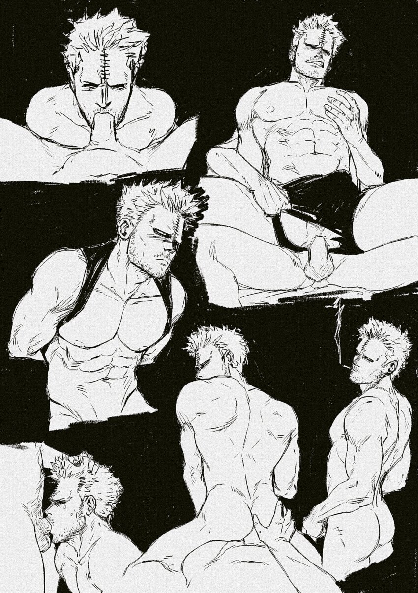 2boys abs absurdres anal arms_behind_back ass bara bare_pectorals beard_stubble blush boku_no_hero_academia bubaigawara_jin bulge clothes_lift completely_nude cropped_torso erection erection_under_clothes facial_hair fellatio from_side grabbing_another&#039;s_ass grabbing_from_behind greyscale groping highres irrumatio male_focus male_penetrated mature_male messy_hair monochrome multiple_boys multiple_views muscular muscular_male mustache_stubble narrowed_eyes navel nipples no_eyebrows nude oral pectorals pov pov_crotch sex sex_through_torn_clothes shirt_behind_neck shirt_lift short_hair smokerichi smoking stitches stomach stubble tearing_clothes thighs topless_male torn_clothes yaoi