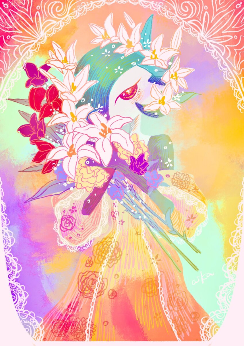 bob_cut bouquet clothed_pokemon colored_skin colorful creatures_(company) dress flower game_freak gardevoir gen_3_pokemon green_hair green_skin hair_flower hair_ornament hair_over_one_eye highres holding holding_bouquet looking_at_viewer multicolored_background multicolored_skin nintendo orange_dress otonoha_aika pokemon pokemon_(creature) red_flower two-tone_skin white_flower white_skin