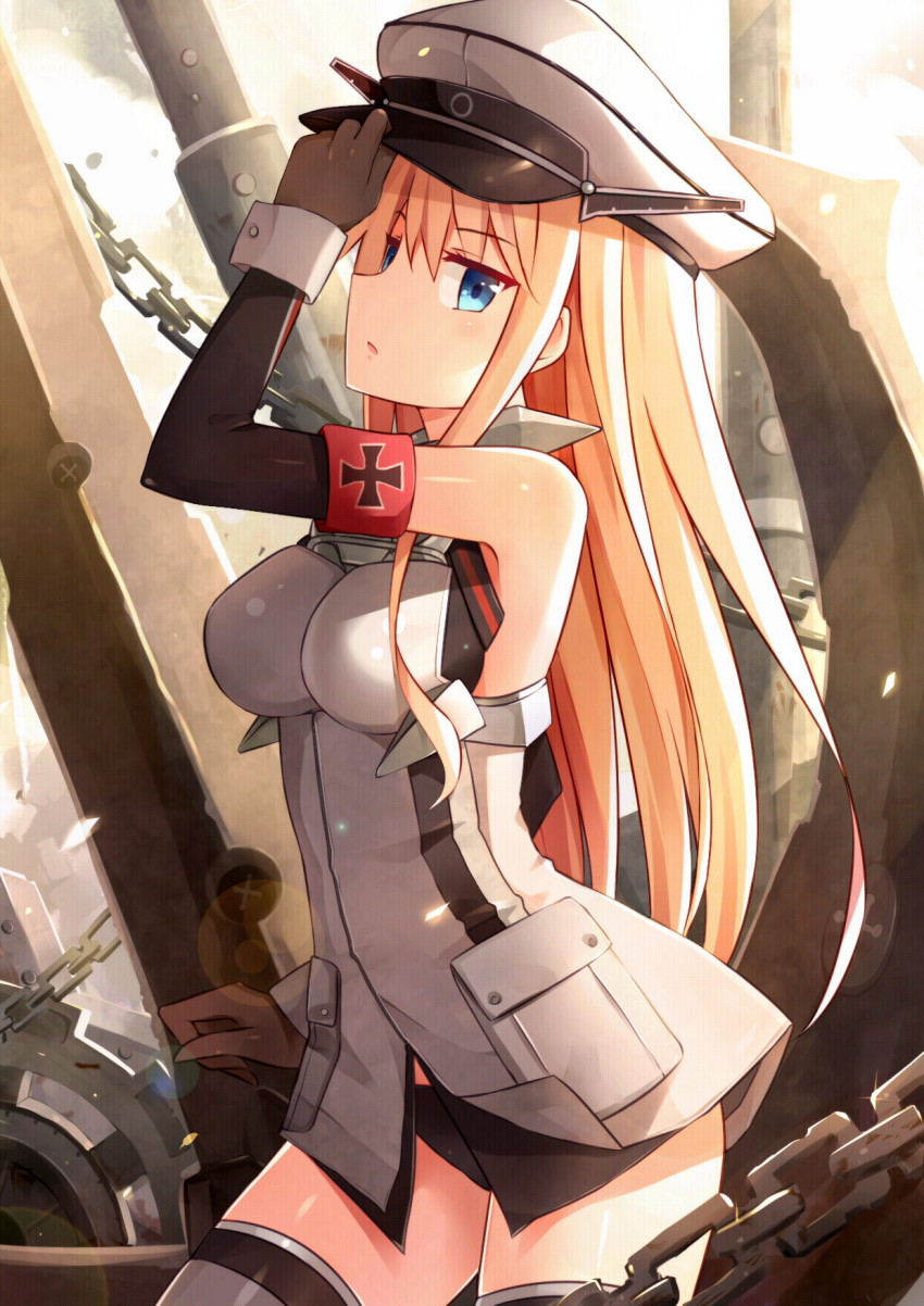 10s 1girl adjusting_clothes adjusting_headwear bismarck_(kancolle) black_panties blonde_hair blue_eyes blush breasts cross gloves hat highres iron_cross kantai_collection long_hair looking_at_viewer military_hat mmrailgun no_pants panties pantyshot personification solo standing thighhighs underwear