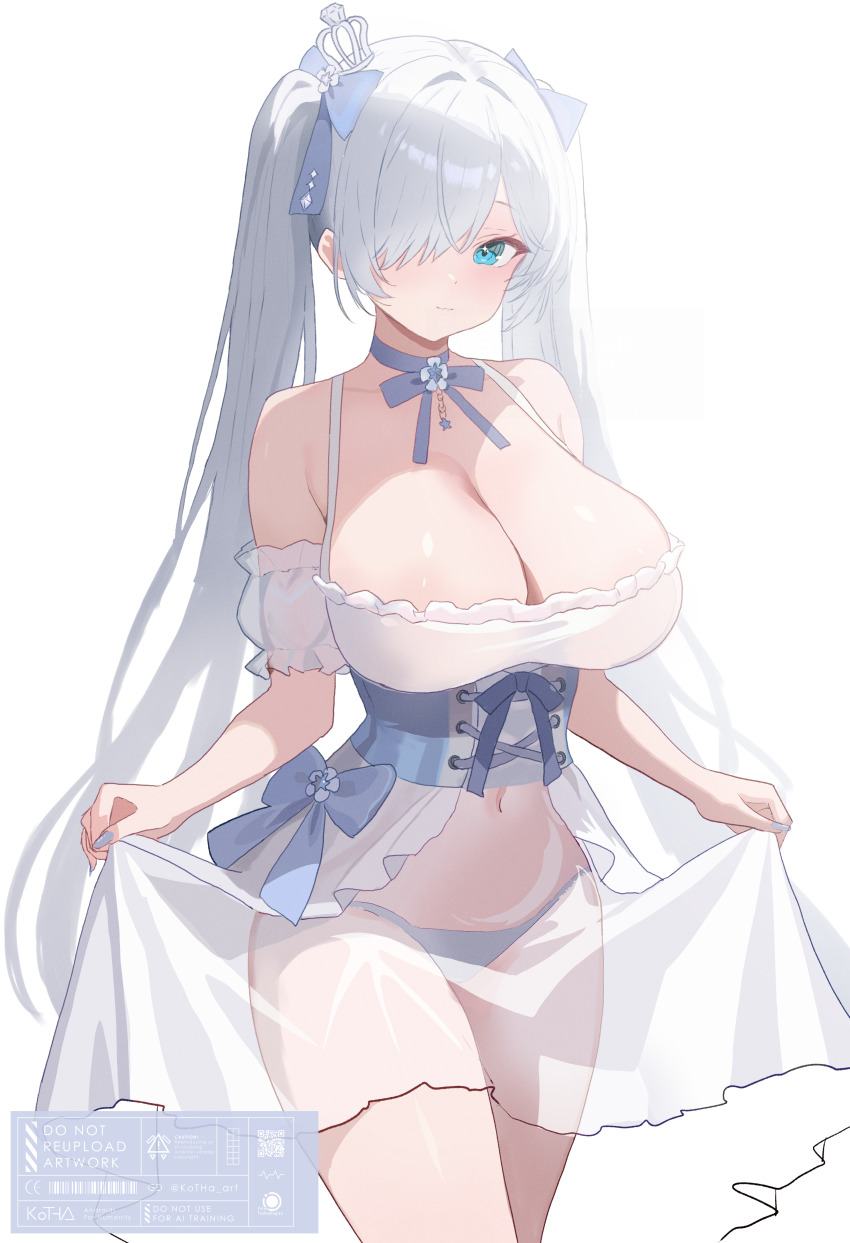 1girl absurdres bare_shoulders blue_eyes breasts cinderella_(glass_princess)_(nikke) cinderella_(nikke) cleavage commentary_request covered_navel cowboy_shot dress goddess_of_victory:_nikke hair_over_one_eye highres huge_breasts kotha_art long_hair navel panties panties_visible_through_clothes see-through_clothes see-through_dress solo thighs twintails underwear white_dress white_hair