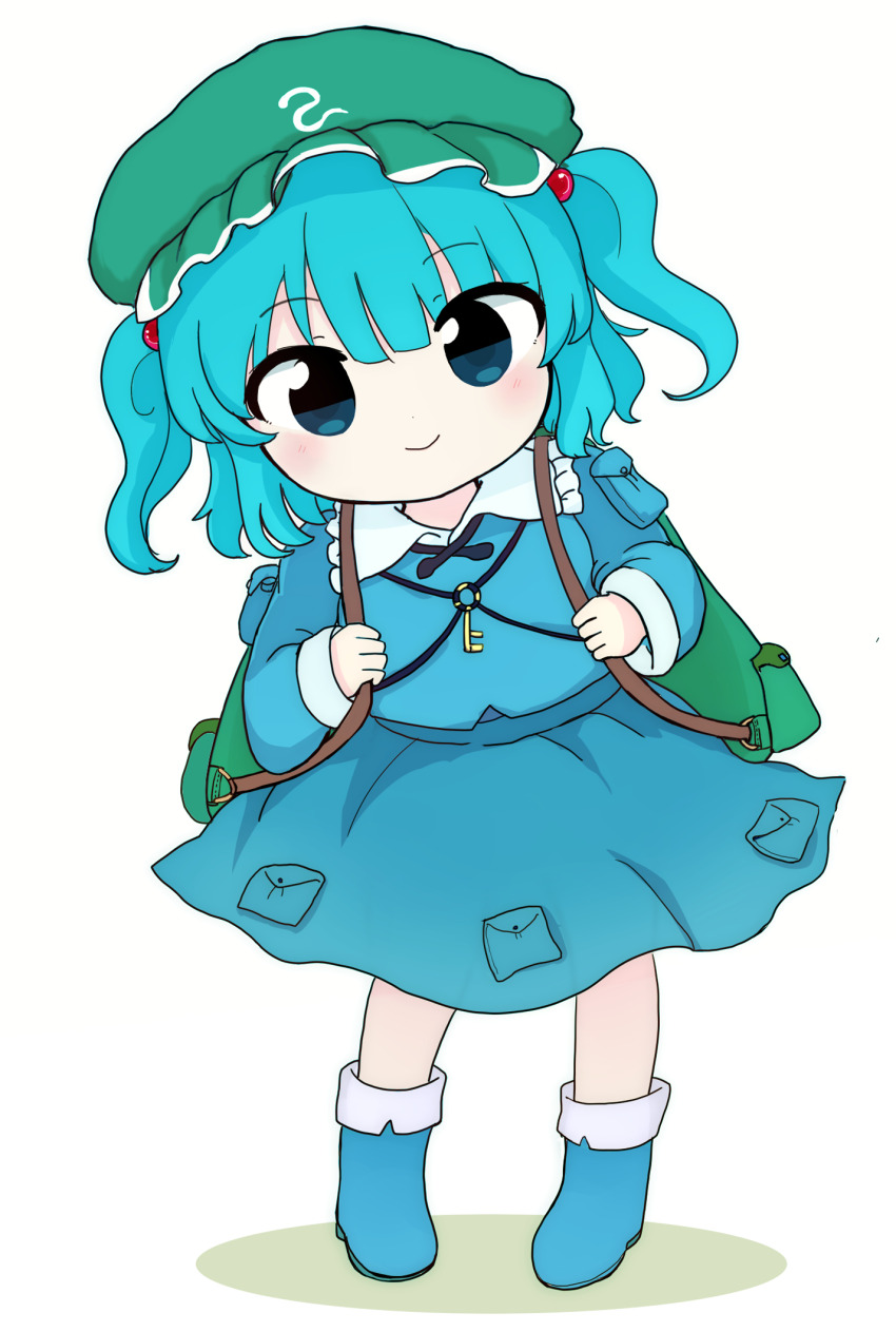 1girl backpack bag blue_eyes blue_footwear blue_hair blue_shirt blue_skirt boots closed_mouth collared_shirt commentary flat_cap full_body green_hat hair_bobbles hair_ornament hat highres kawashiro_nitori long_sleeves medium_hair rei_(tonbo0430) shirt simple_background skirt smile solo standing touhou two_side_up white_background