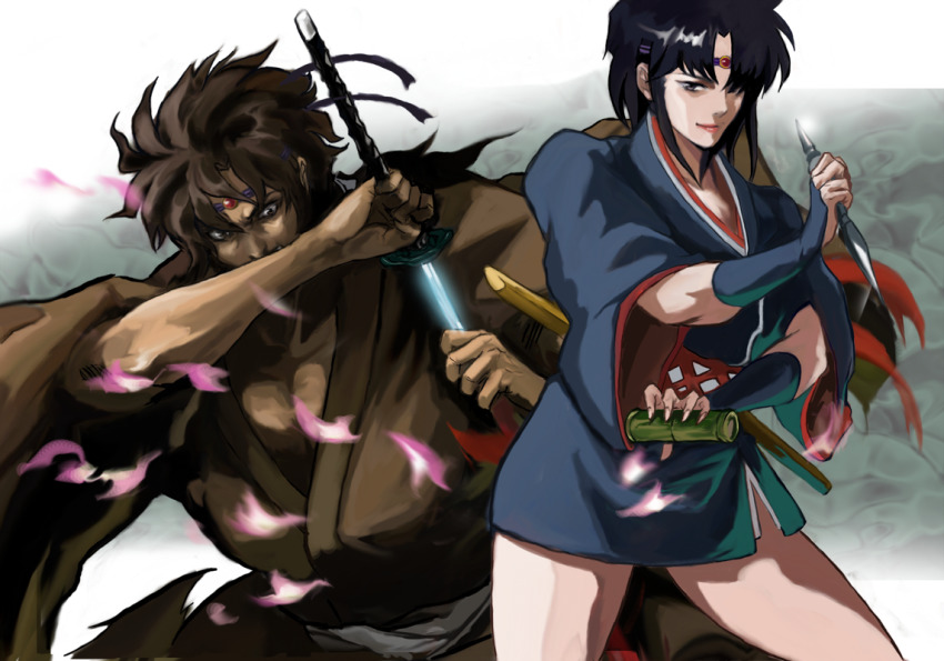 1boy 1girl black_hair brown_kimono circlet hagitotoro holding holding_sword holding_weapon japanese_clothes juubee_ninpuuchou kagerou_(juubee_ninpuuchou) katana kibagami_juubee kimono kunai parted_bangs sheath sheathed sidelocks simple_background standing sword weapon wide_sleeves