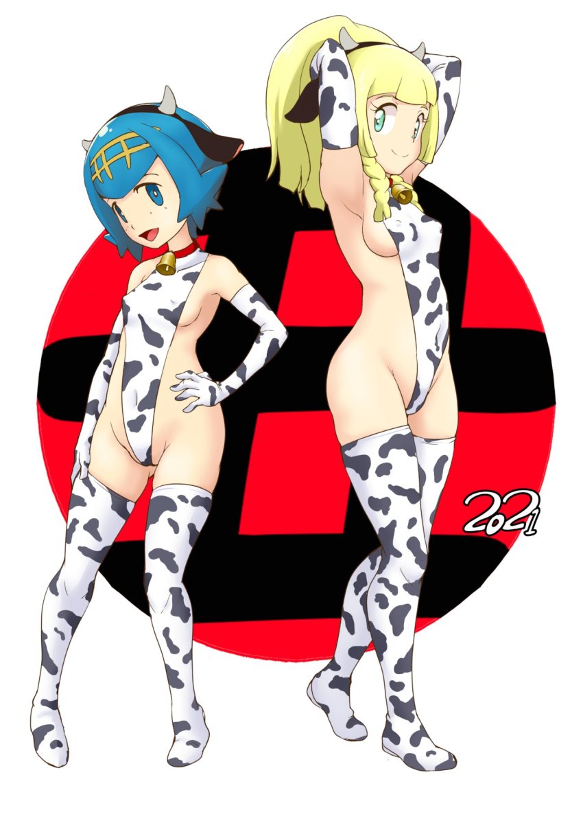 2girls animal_ears animal_print aqua_eyes armpits arms_behind_head belly bikini blonde_hair blue_eyes blue_hair blunt_bangs braid breasts chinese_zodiac choker clothing_cutout collarbone covered_erect_nipples cow_ears cow_horns cow_print cow_print_bikini cowbell creatures_(company) elbow_gloves fake_animal_ears freckles full_body game_freak gloves hairband halterneck hand_on_own_hip hand_on_own_thigh highres horns lana_(pokemon) leotard lillie_(pokemon) long_hair looking_at_viewer multiple_girls neck_bell nintendo open_mouth pokemon pokemon_(anime) pokemon_sm_(anime) ponytail print_bikini print_leotard side_cutout simple_background smile standing swimsuit text_background thighhighs tof white_background white_hairband white_legwear year_of_the_ox