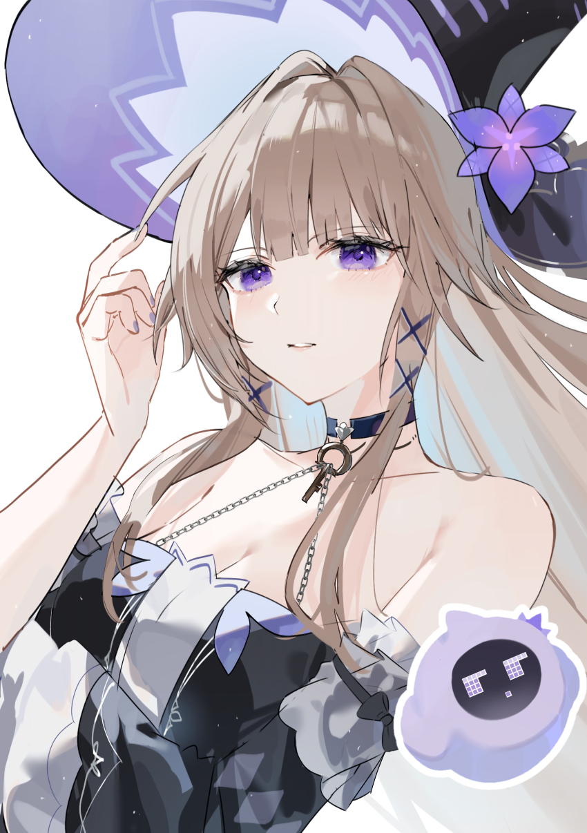 1girl absurdres bare_shoulders black_choker black_dress black_hat black_sleeves breasts choker cleavage detached_sleeves dress ebitendon flower hat hat_flower herta_(honkai:_star_rail) herta_(simulated_universe_avatar)_(honkai:_star_rail) the_herta_(honkai:_star_rail) highres honkai:_star_rail honkai_(series) light_brown_hair long_hair parted_lips purple_eyes solo white_background witch_hat