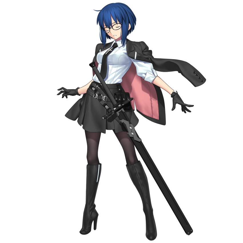 1girl belt belt_pouch black-framed_eyewear black_belt black_footwear black_gloves black_jacket black_necktie black_pantyhose black_skirt blue_hair boots breasts c.i.e.l_(fate) ciel_(tsukihime) closed_eyes collared_shirt cross fate/grand_order fate_(series) full_body game_cg glasses gloves highres jacket jacket_on_shoulders knee_boots latin_cross looking_at_viewer medium_breasts necktie official_art open_mouth pantyhose pink_jacket pouch shirt short_hair skirt solo standing sword tachi-e takeuchi_takashi transparent_background two-sided_fabric two-sided_jacket weapon white_shirt