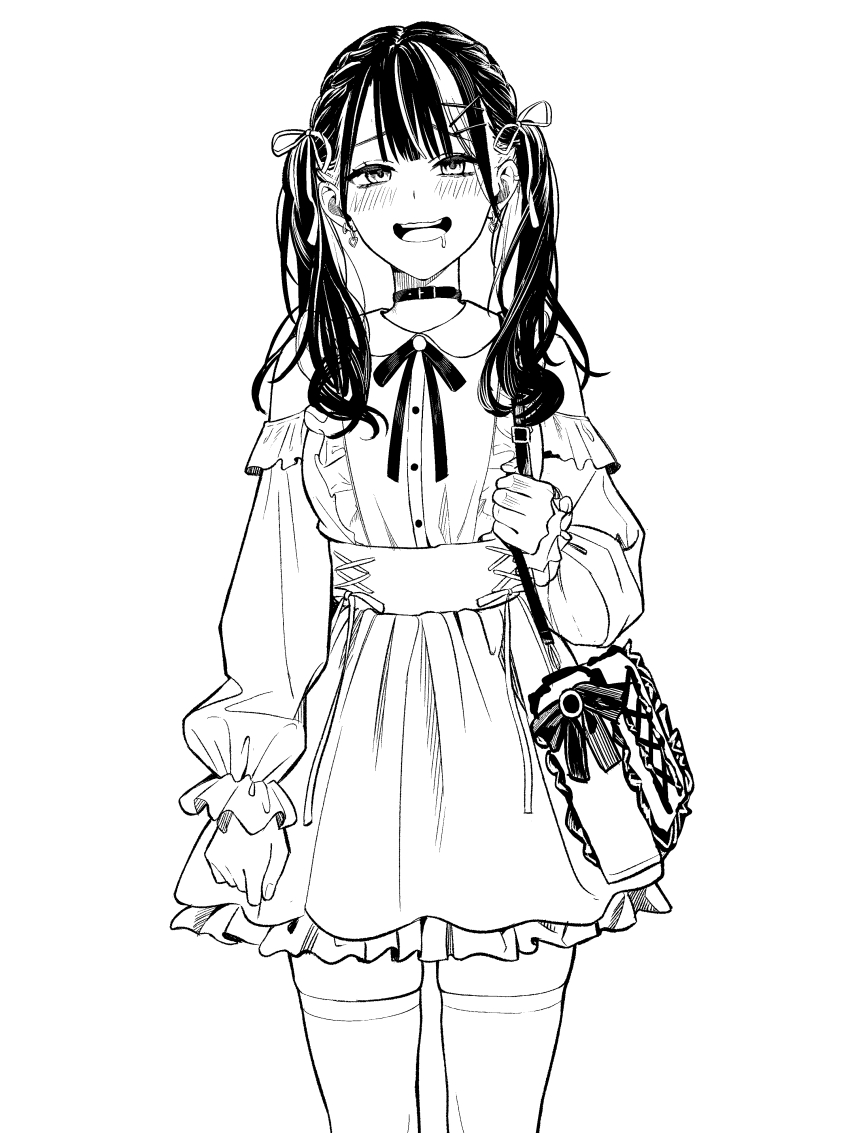 1girl absurdres bag choker commentary_request dress earrings fujizarashi highres jewelry jirai_kei long_hair looking_at_viewer monochrome neck_ribbon open_mouth original ribbon saliva simple_background smile solo thighhighs twintails zettai_ryouiki