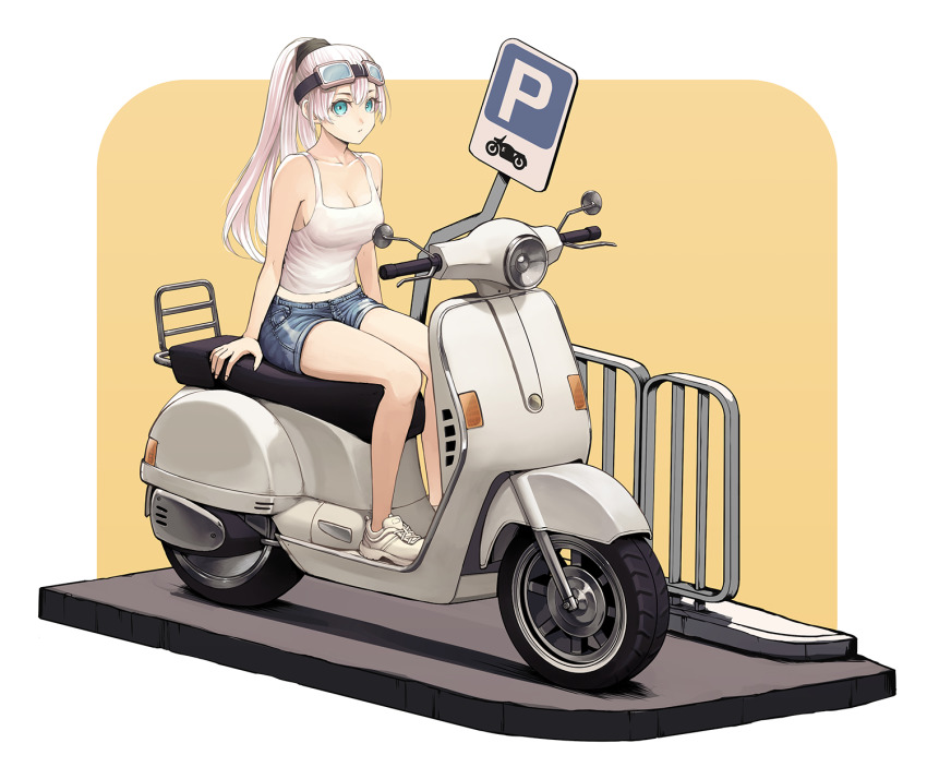 1girl bare_arms bare_shoulders blue_eyes blue_shorts breasts brown_background camisole cleavage closed_mouth commentary_request goggles goggles_on_head hair_between_eyes high_ponytail highres jchoy looking_at_viewer medium_breasts original parking_permissive_sign ponytail railing shoes short_shorts shorts sitting solo two-tone_background white_background white_camisole white_footwear white_hair