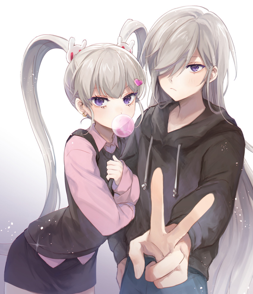 1boy 1girl arm_hug black_hoodie black_skirt blowing_bubbles blue_pants blush character_request chewing_gum closed_mouth collared_shirt drawstring gradient_background grey_background grey_hair hair_ornament hair_over_one_eye heart heart_hair_ornament highres hood hood_down hoodie leafwow long_hair long_sleeves looking_at_viewer maplestory pants pink_shirt puffy_long_sleeves puffy_sleeves purple_eyes rabbit_hair_ornament shirt skirt sweater_vest twintails v very_long_hair white_background